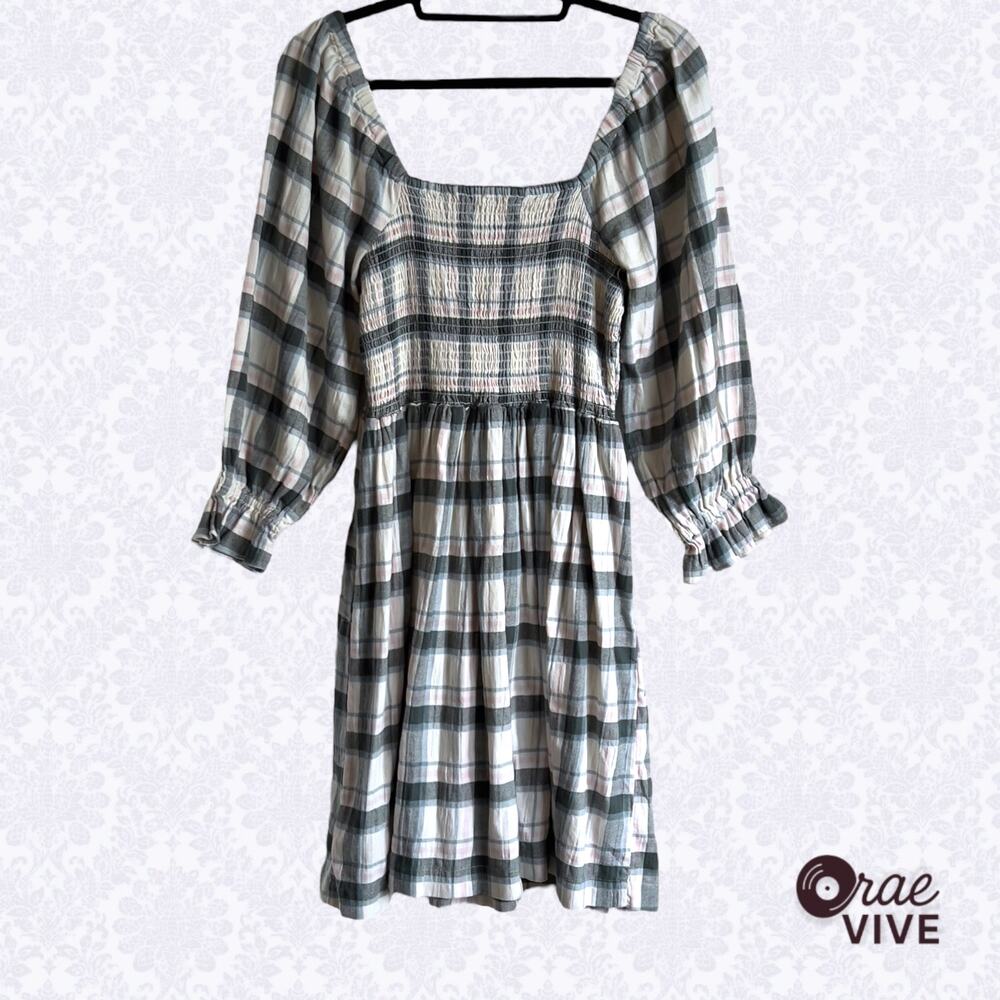 Madewell Lucie Elbow-Sleeve Smocked Mini Dress in Lebaum Plaid Size Medium